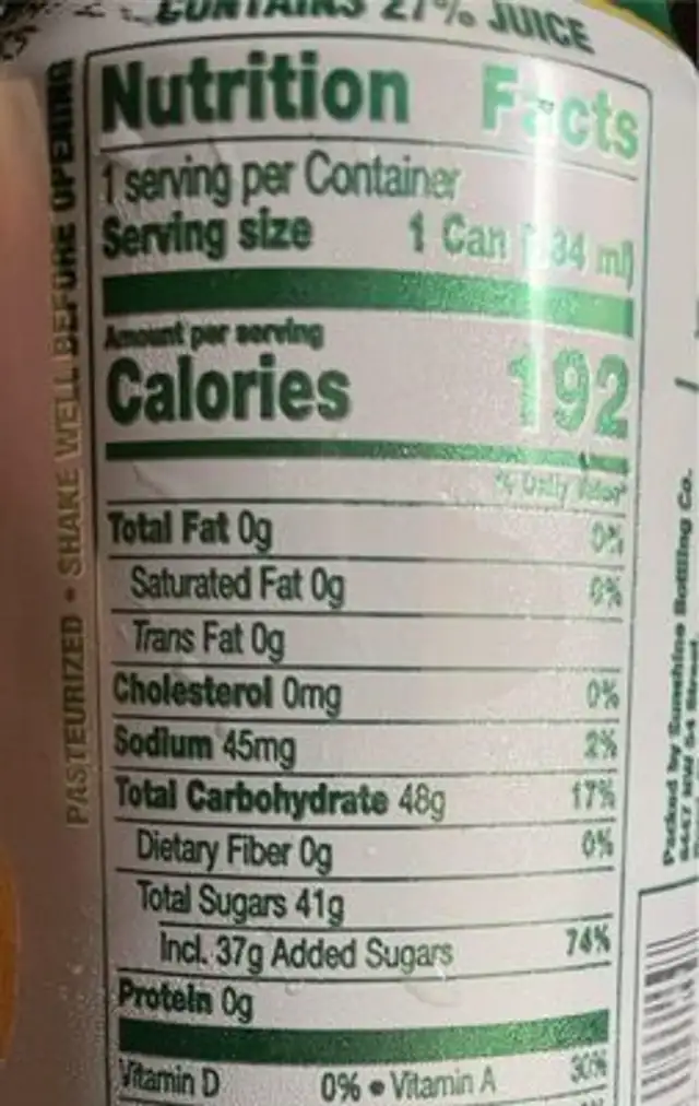 Mango Nectar nutrition facts table