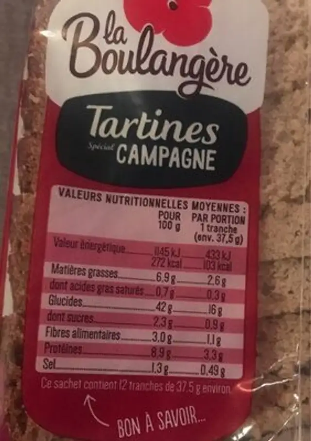 Tartines special campagne nutrition facts table