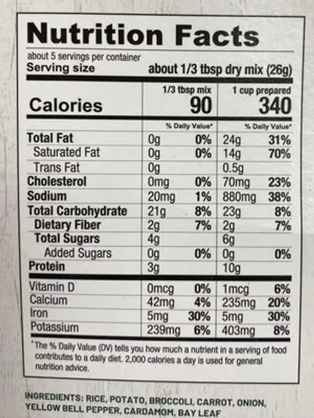 Broccoli Cheddar Soup Mix nutrition facts table