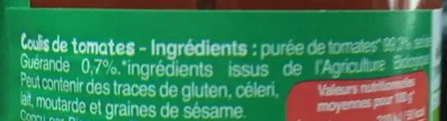 Coulis de tomates ingredients label