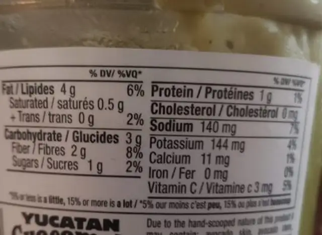 Yucatan Guacamole nutrition facts table