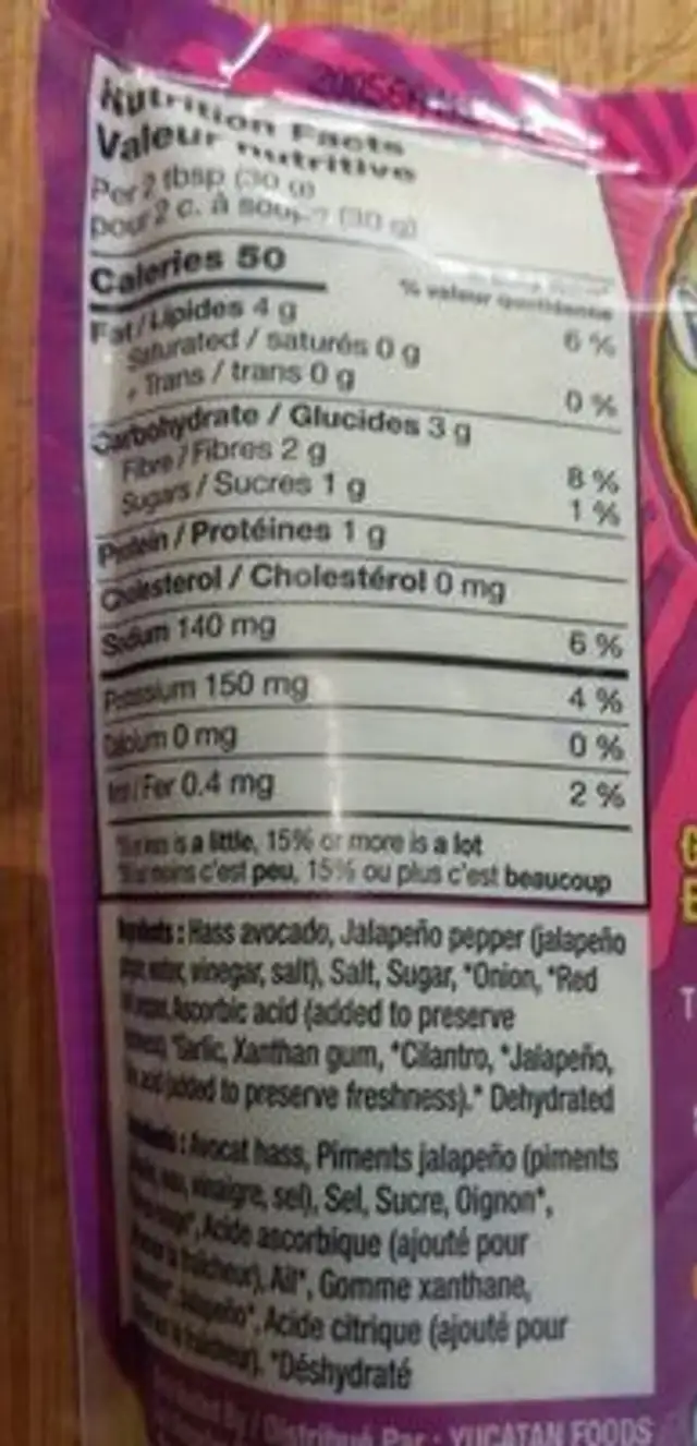 Guacamole squeeze à presser nutrition facts table