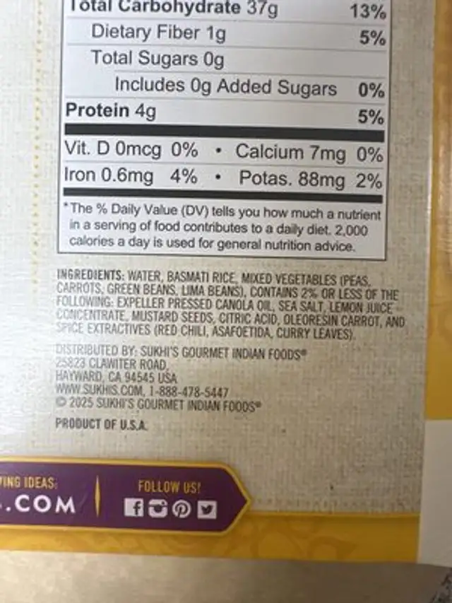 Lemon Rice ingredients label
