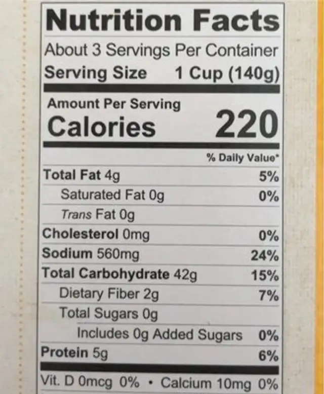 Lemon Rice nutrition facts table