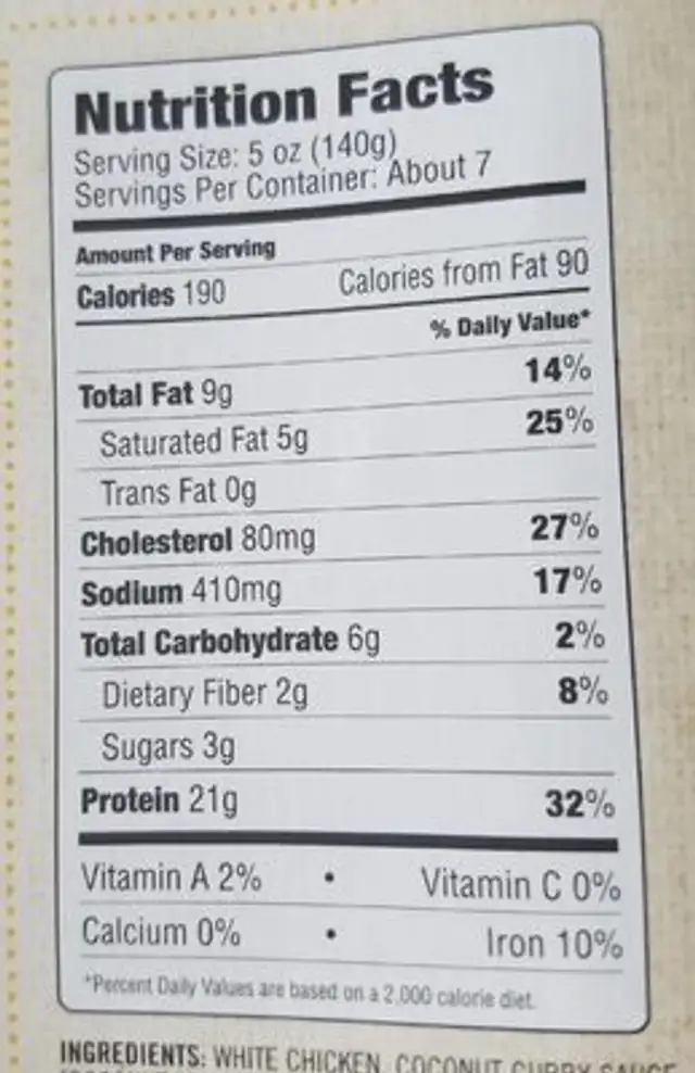 Chicken Coconut Curry nutrition facts table