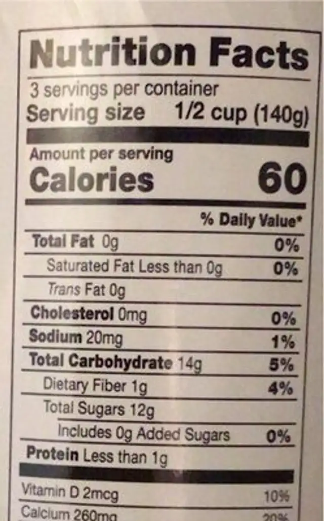 Whole mandarin orange segments nutrition facts table