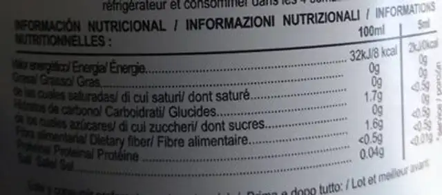 Sirope nutrition facts table