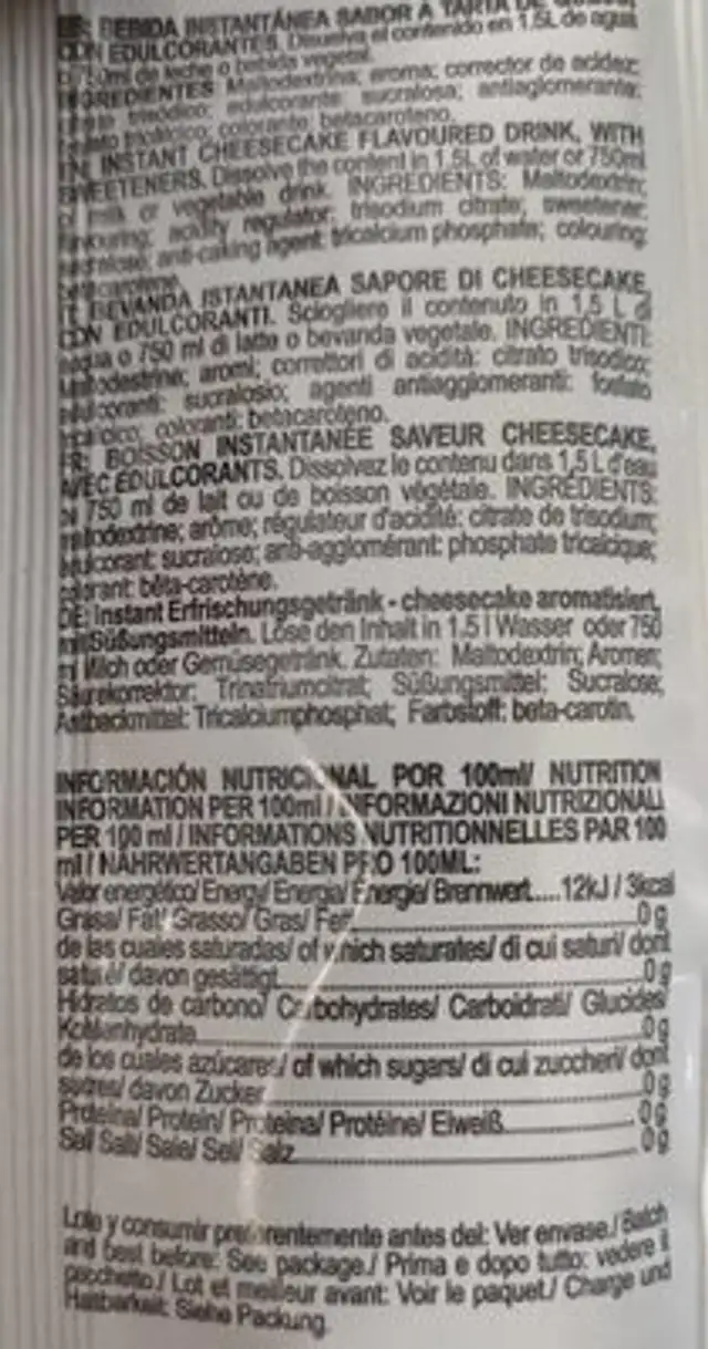 Bebidas MIX nutrition facts table