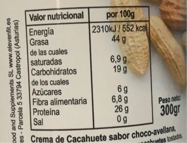 Crema de Cacahuetes (Chocoavellanas) nutrition facts table