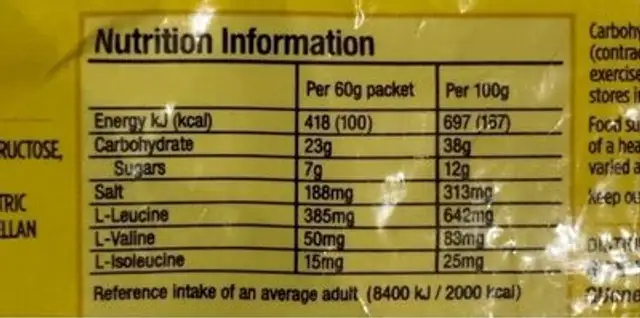 Liquid energy nutrition facts table