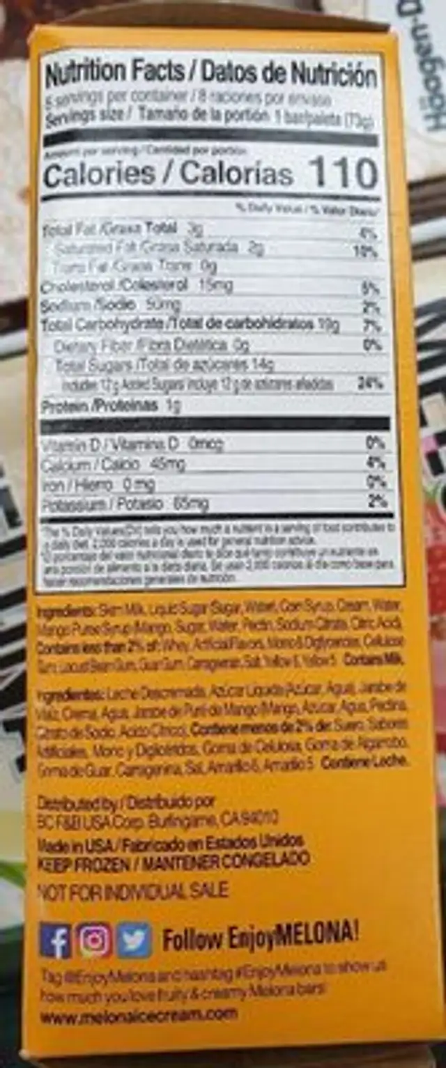 Mango frozen dairy dessert bars nutrition facts table