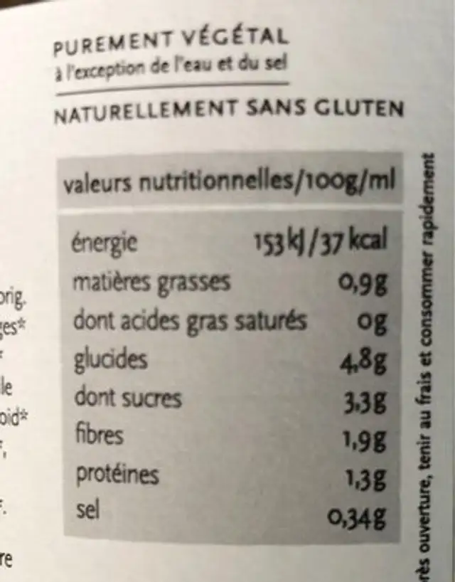 Legumes pour couscous nutrition facts table