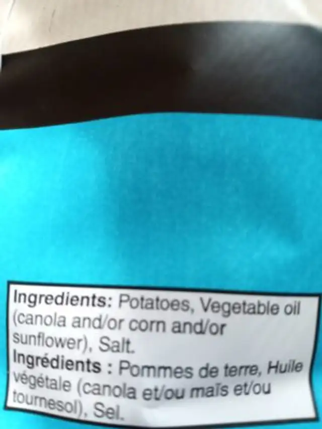 Potato Chips ingredients label