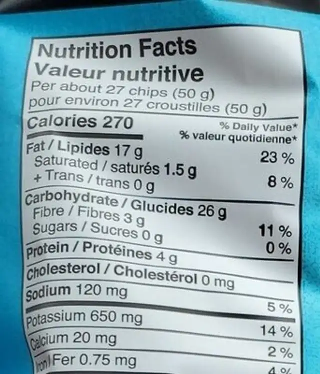 Potato Chips nutrition facts table