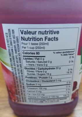 Cocktail Pomme et Canneberge nutrition facts table