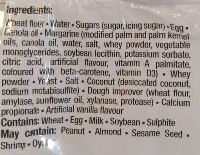 Coconut Cream Specialty Bun ingredients label