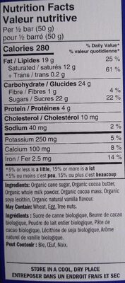 Chocolat lait Tanzanie nutrition facts table
