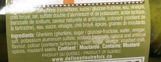 Cornichons sucrés ingredients label