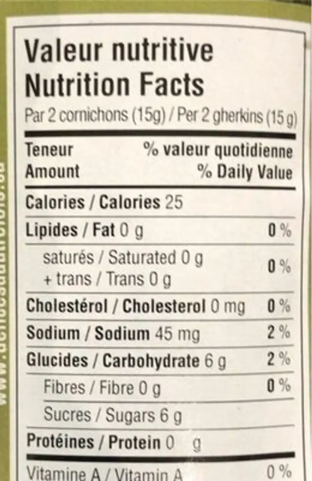 Cornichons sucrés nutrition facts table