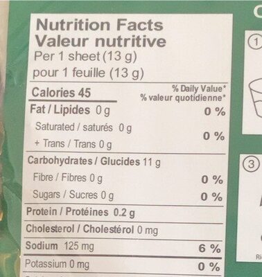 Rice paper nutrition facts table