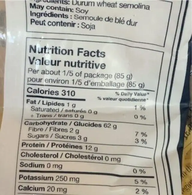 Capellini spezzati n 58 nutrition facts table