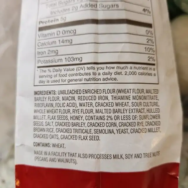 Whole grain loaf ingredients label