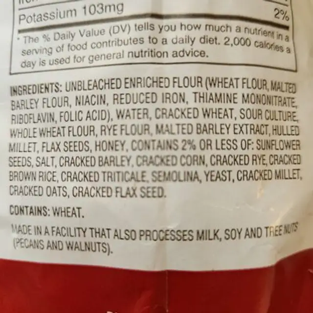 Whole grain loaf nutrition facts table
