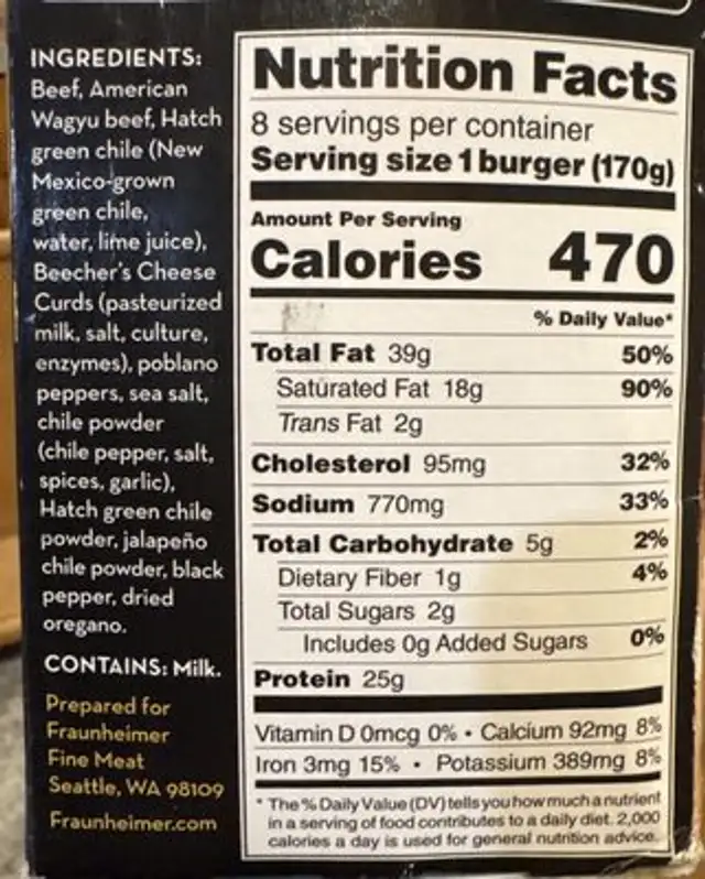 Hatch & Poblano Chile Beef Burger nutrition facts table
