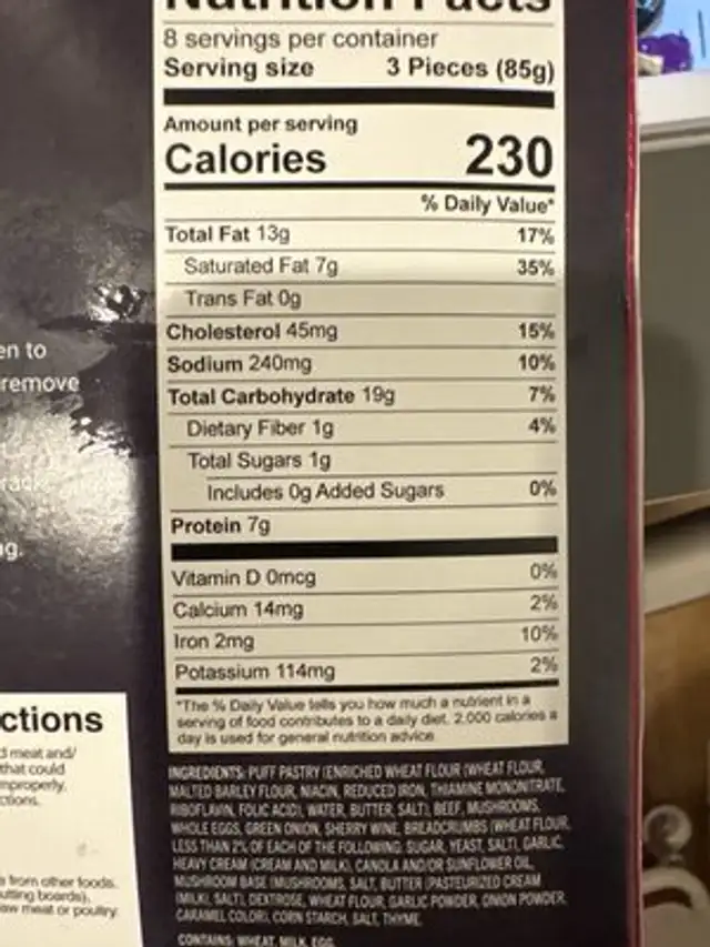 Mushroom And Filet Mignon Beef En Croute nutrition facts table