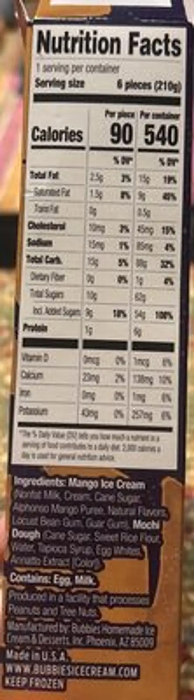 Mochi ice cream nutrition facts table