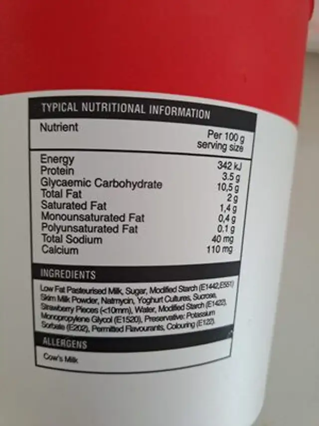 strawberry Yoghurt ingredients label