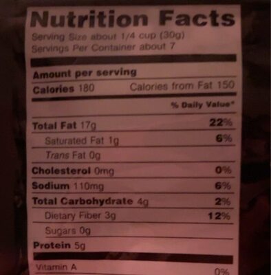 Roasted Cashews nutrition facts table
