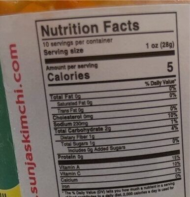 Radish Kimchi nutrition facts table