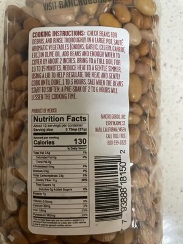 Mantequilla Bean nutrition facts table