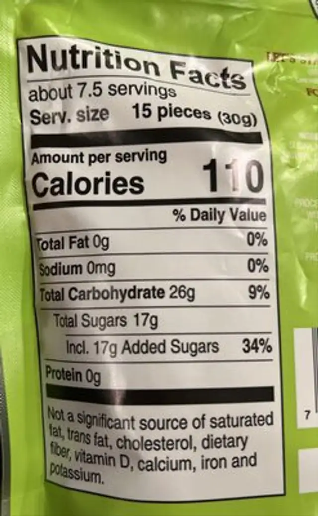 Ruby Red Sour Cherry Patches nutrition facts table