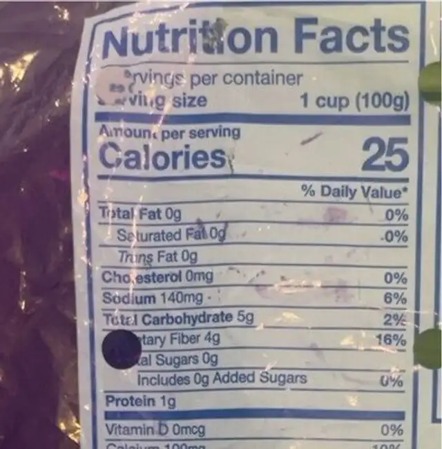 Organic Celery nutrition facts table