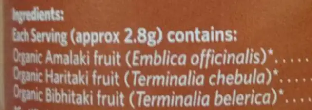 Organic India Triphala Powder ingredients label