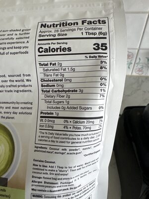 Organic Matcha Superlatte nutrition facts table