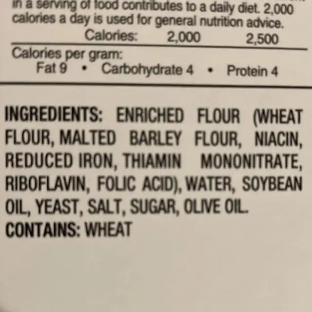 Pizza Dough ingredients label