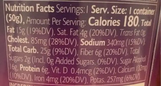 Brownie a la cup nutrition facts table