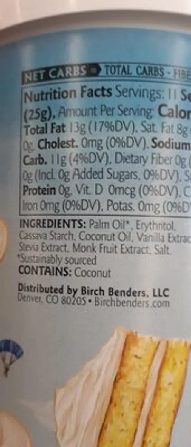 Birchbender vanilla frosting keto ingredients label