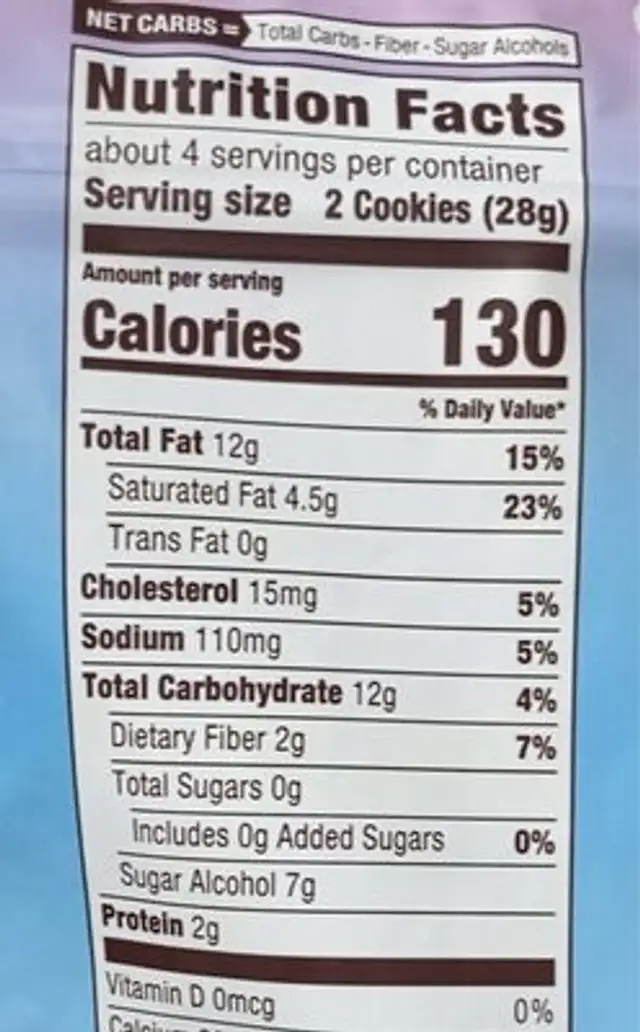 Chocolate Chip Cookies nutrition facts table