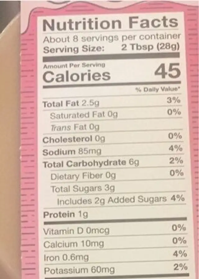 Credo Strawberry Cashew Cream Cheese nutrition facts table