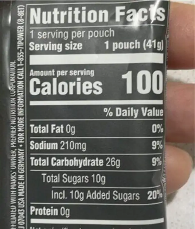 Powergel nutrition facts table