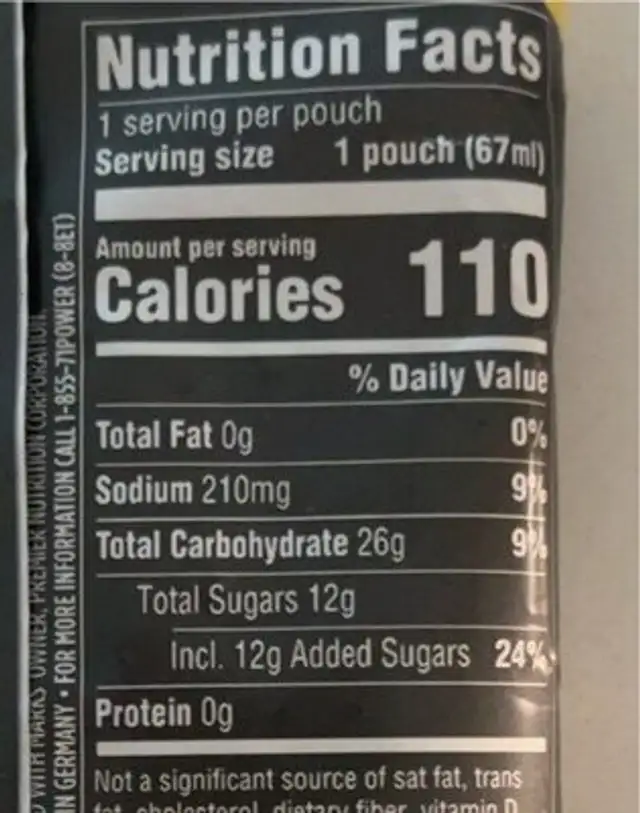 POWERGEL nutrition facts table