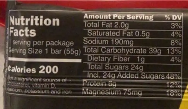 Power bar energize nutrition facts table