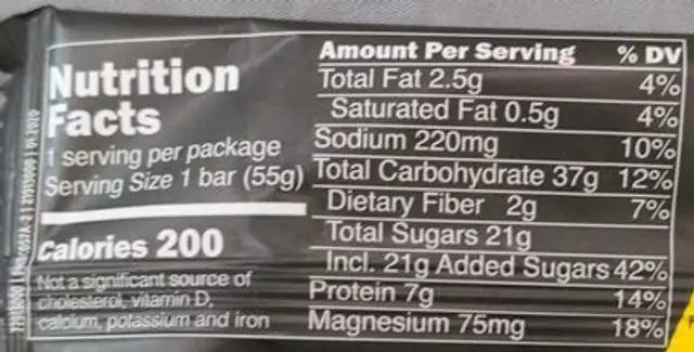 Power Bar Cookies and Cream nutrition facts table