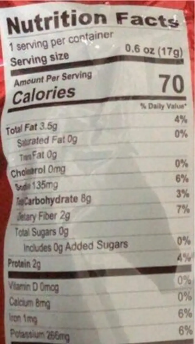 Peatos Fiery Onion nutrition facts table