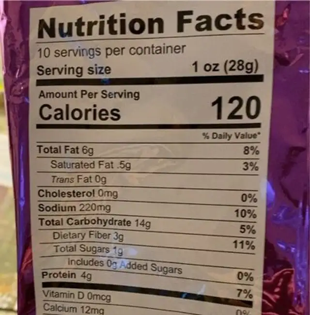 Crunchy Rings classic onion nutrition facts table