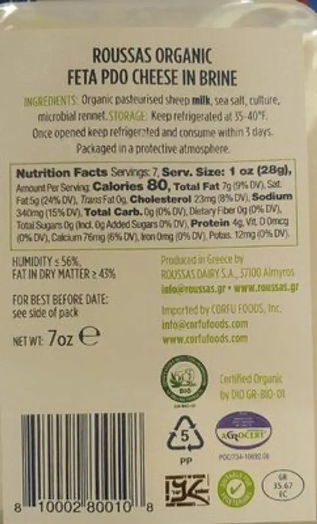 Organic Feta nutrition facts table